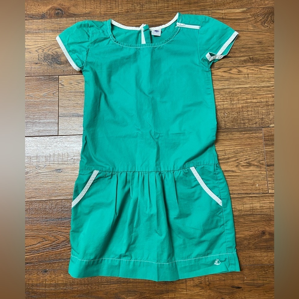 Petit Bateau Dress Lined Short Sleeve Green White Girls 8 ans Nautical Pockets